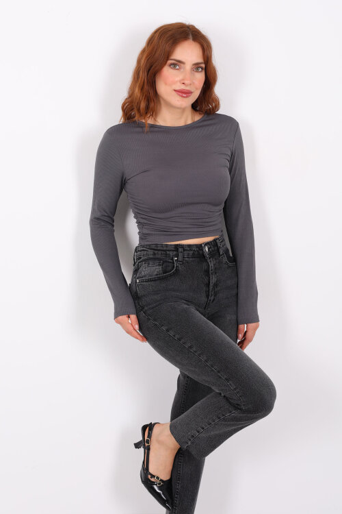 Yanı Büzgülü Antrasit Kadın Bluz - Berox