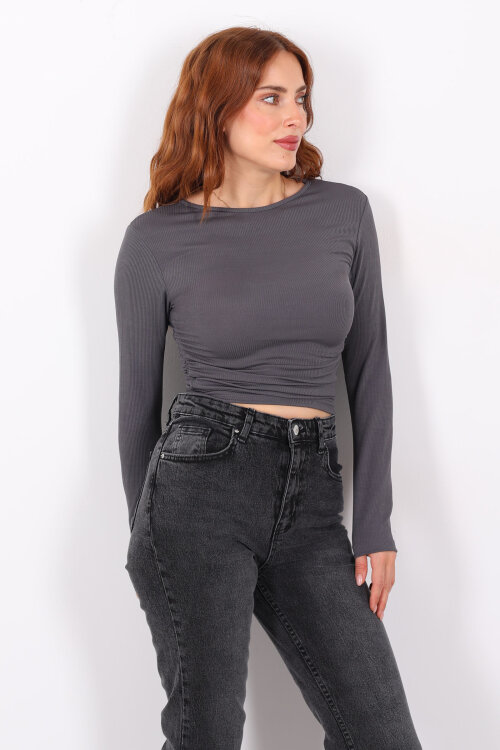 Yanı Büzgülü Antrasit Kadın Bluz - 4