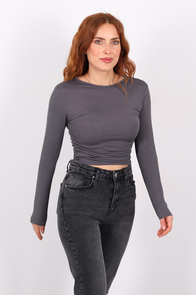 Yanı Büzgülü Antrasit Kadın Bluz - 6