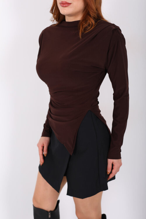 Yanı Büzgülü Asimetrik Acı Kahve Kadın Vatkalı Bluz - Berox (1)