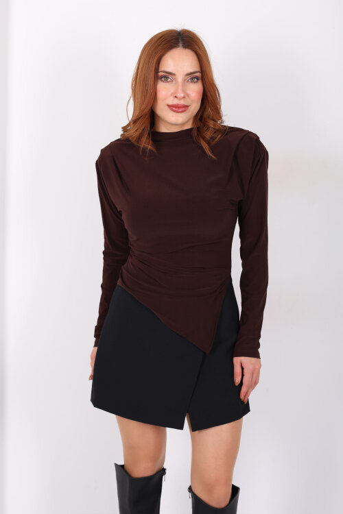 Yanı Büzgülü Asimetrik Acı Kahve Kadın Vatkalı Bluz - Berox