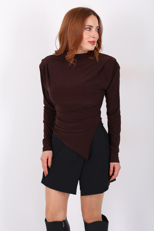 Yanı Büzgülü Asimetrik Acı Kahve Kadın Vatkalı Bluz - 5