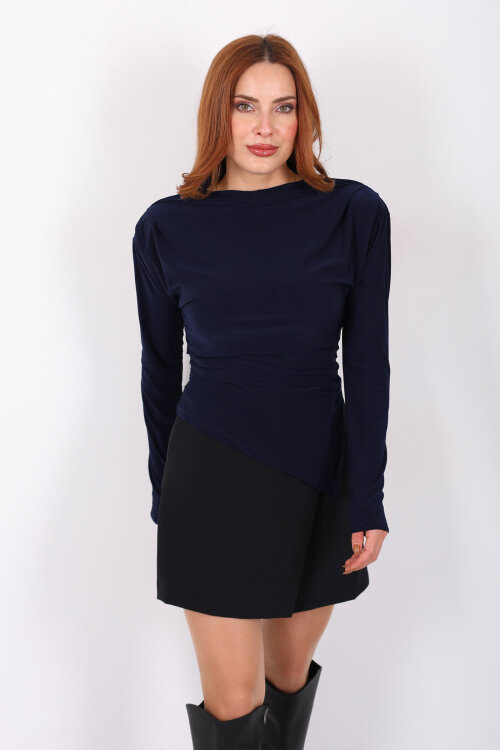 Yanı Büzgülü Asimetrik Lacivert Kadın Vatkalı Bluz - 3