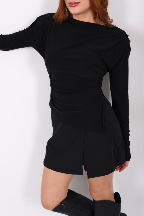 Yanı Büzgülü Asimetrik Siyah Kadın Vatkalı Bluz - Berox (1)