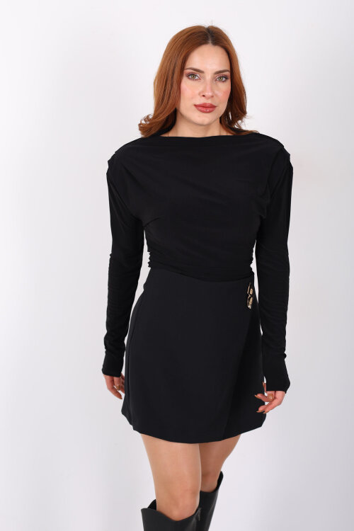 Yanı Büzgülü Asimetrik Siyah Kadın Vatkalı Bluz - 5