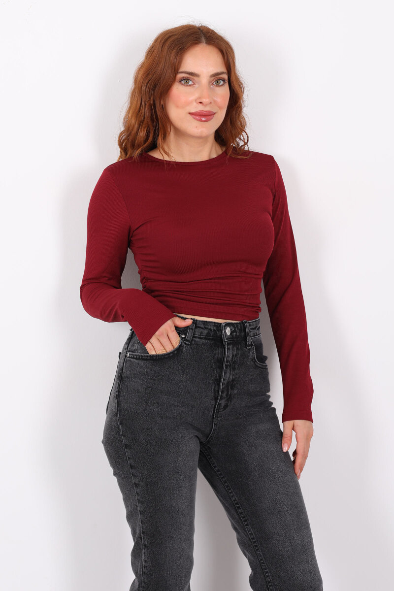 Yanı Büzgülü Bordo Kadın Bluz - 1