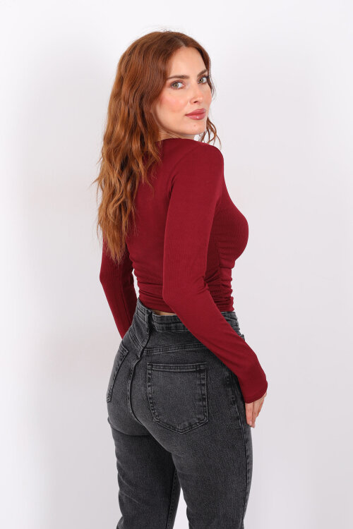 Yanı Büzgülü Bordo Kadın Bluz - 5