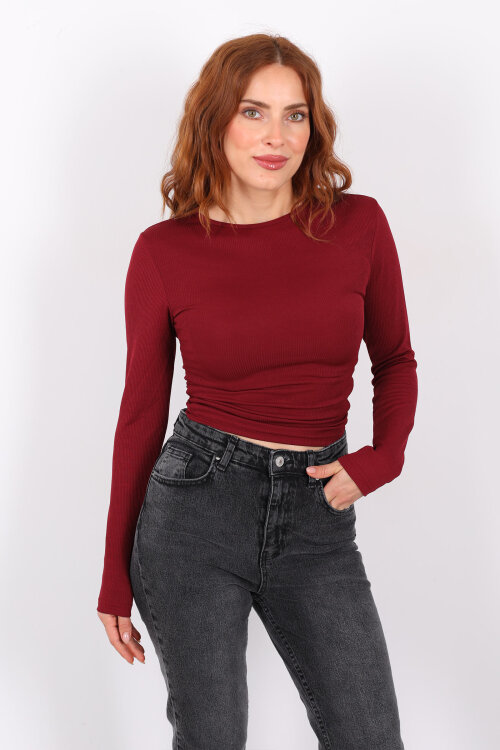 Yanı Büzgülü Bordo Kadın Bluz - 4