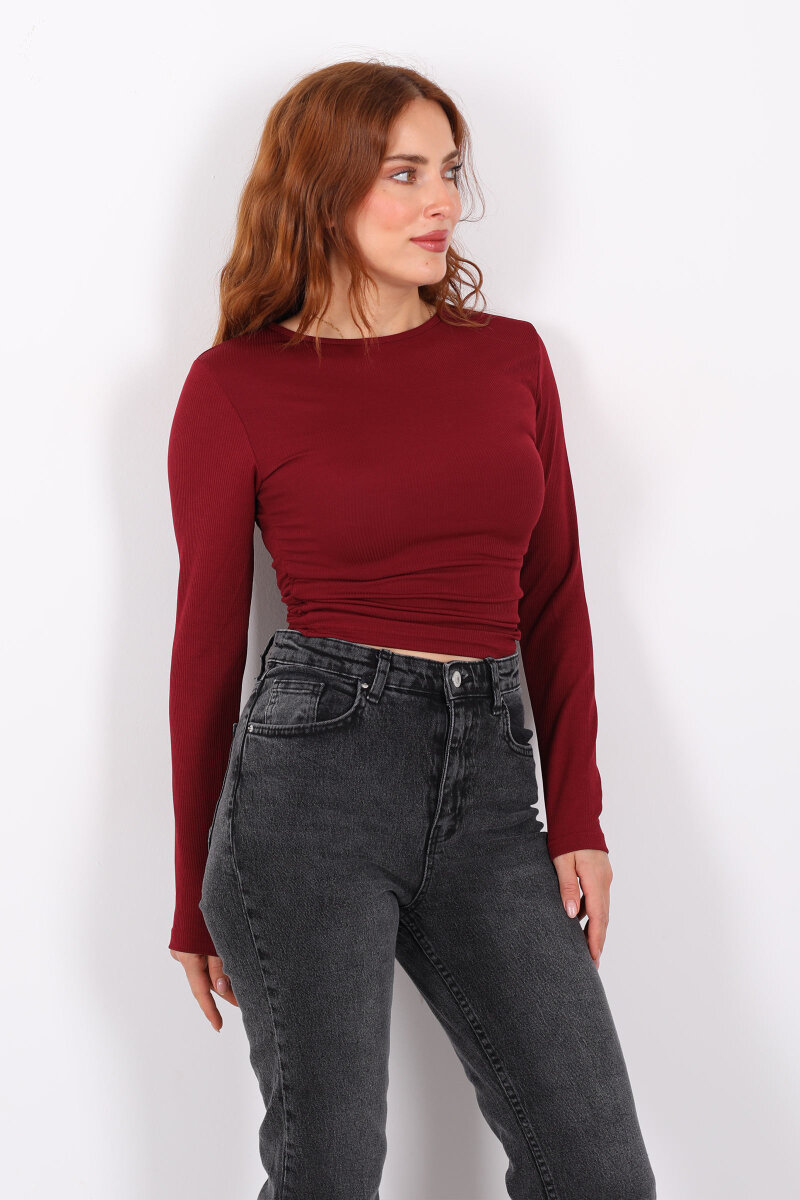Yanı Büzgülü Bordo Kadın Bluz - 3