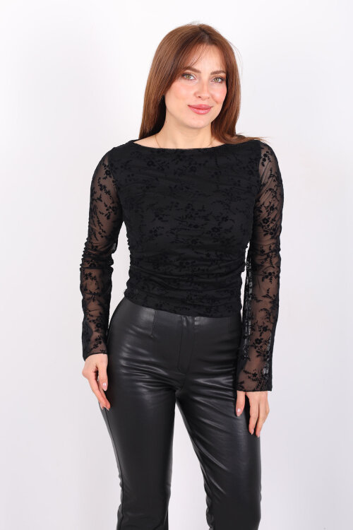 Yanı Büzgülü Kadife Baskılı Siyah Kadın Tül Bluz - 6