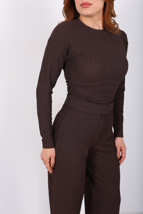 Yanı Büzgülü Kendinden Fitilli Kahverengi Kadın Takım - Berox (1)