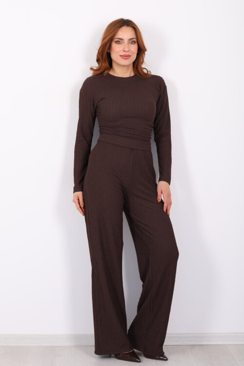 Yanı Büzgülü Kendinden Fitilli Kahverengi Kadın Takım - 7