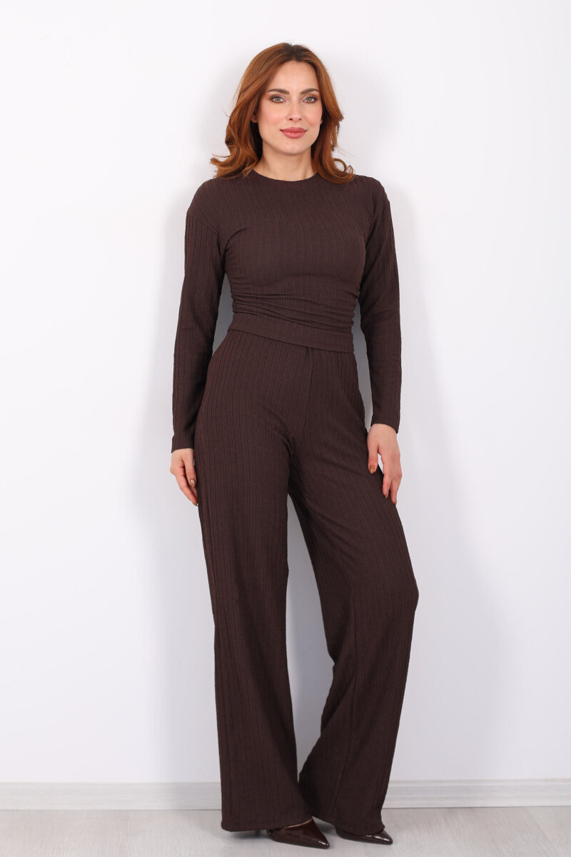 Yanı Büzgülü Kendinden Fitilli Kahverengi Kadın Takım - 7
