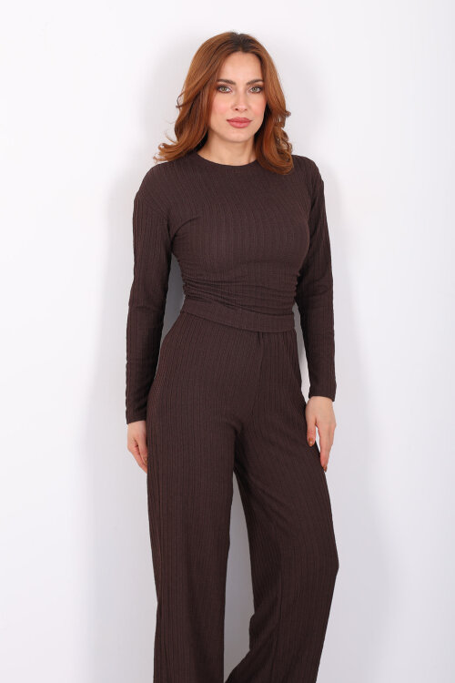Yanı Büzgülü Kendinden Fitilli Kahverengi Kadın Takım - 4