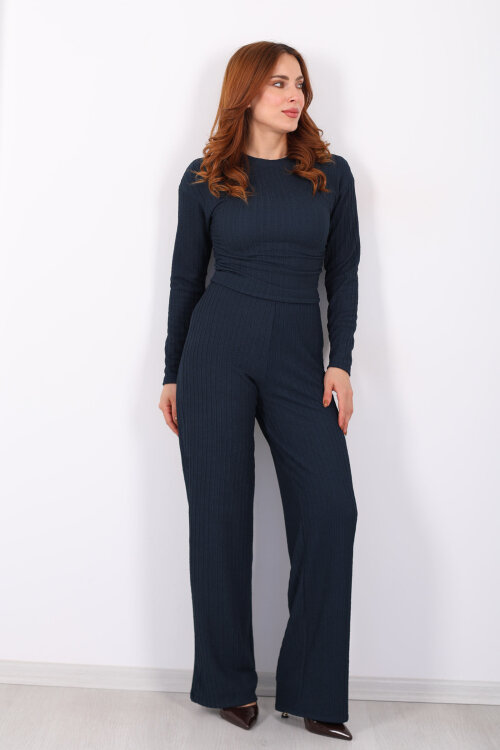 Yanı Büzgülü Kendinden Fitilli Marin Kadın Takım - 7