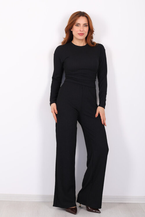 Yanı Büzgülü Kendinden Fitilli Siyah Kadın Takım - 5