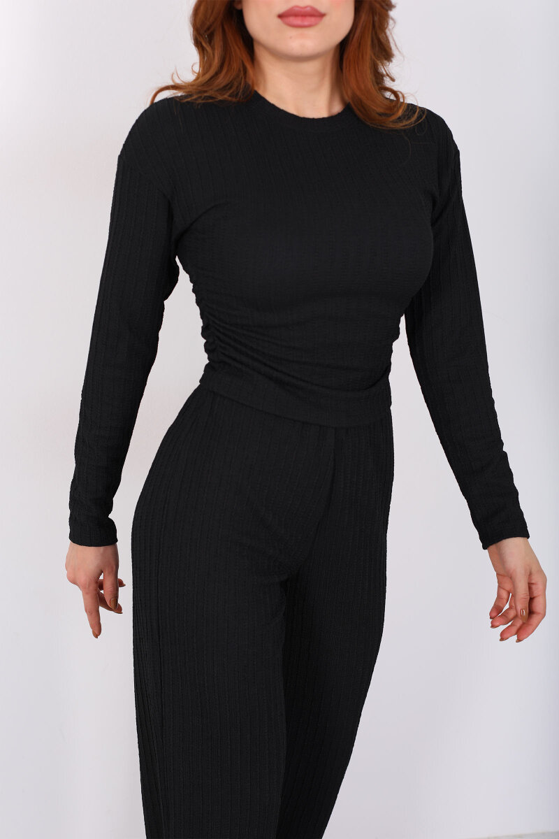 Yanı Büzgülü Kendinden Fitilli Siyah Kadın Takım - 2