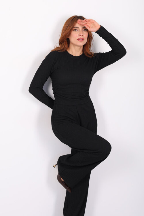 Yanı Büzgülü Kendinden Fitilli Siyah Kadın Takım - Berox