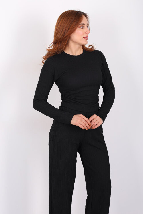 Yanı Büzgülü Kendinden Fitilli Siyah Kadın Takım - 4