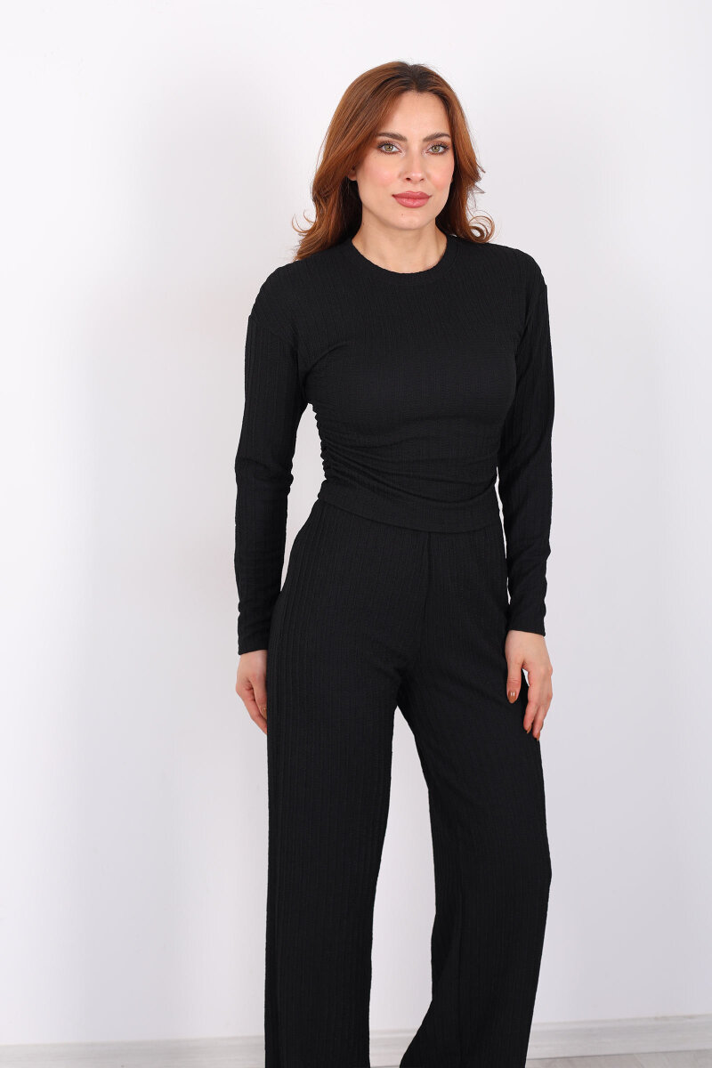 Yanı Büzgülü Kendinden Fitilli Siyah Kadın Takım - 7