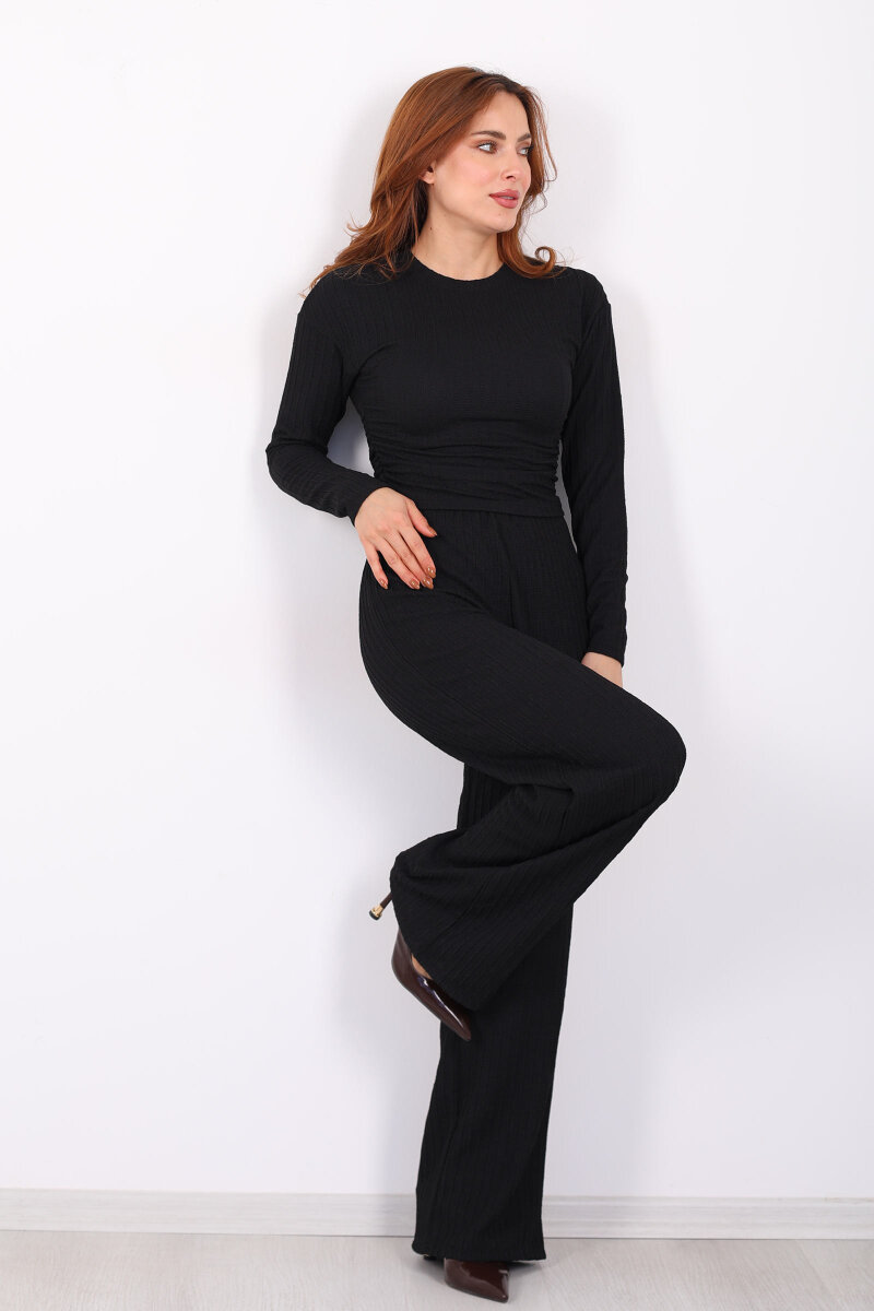 Yanı Büzgülü Kendinden Fitilli Siyah Kadın Takım - 3