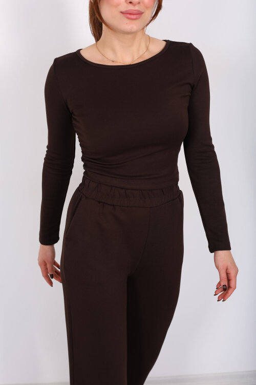 Yanı Büzgülü Modal Acı Kahve Kadın Pantolon Takım - Berox (1)