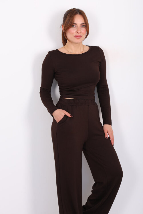 Yanı Büzgülü Modal Acı Kahve Kadın Pantolon Takım - 4