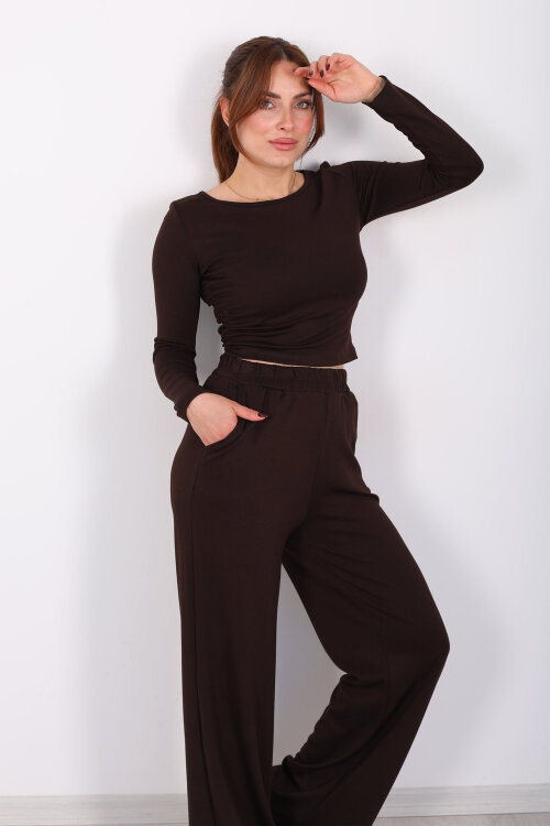Yanı Büzgülü Modal Acı Kahve Kadın Pantolon Takım - Berox