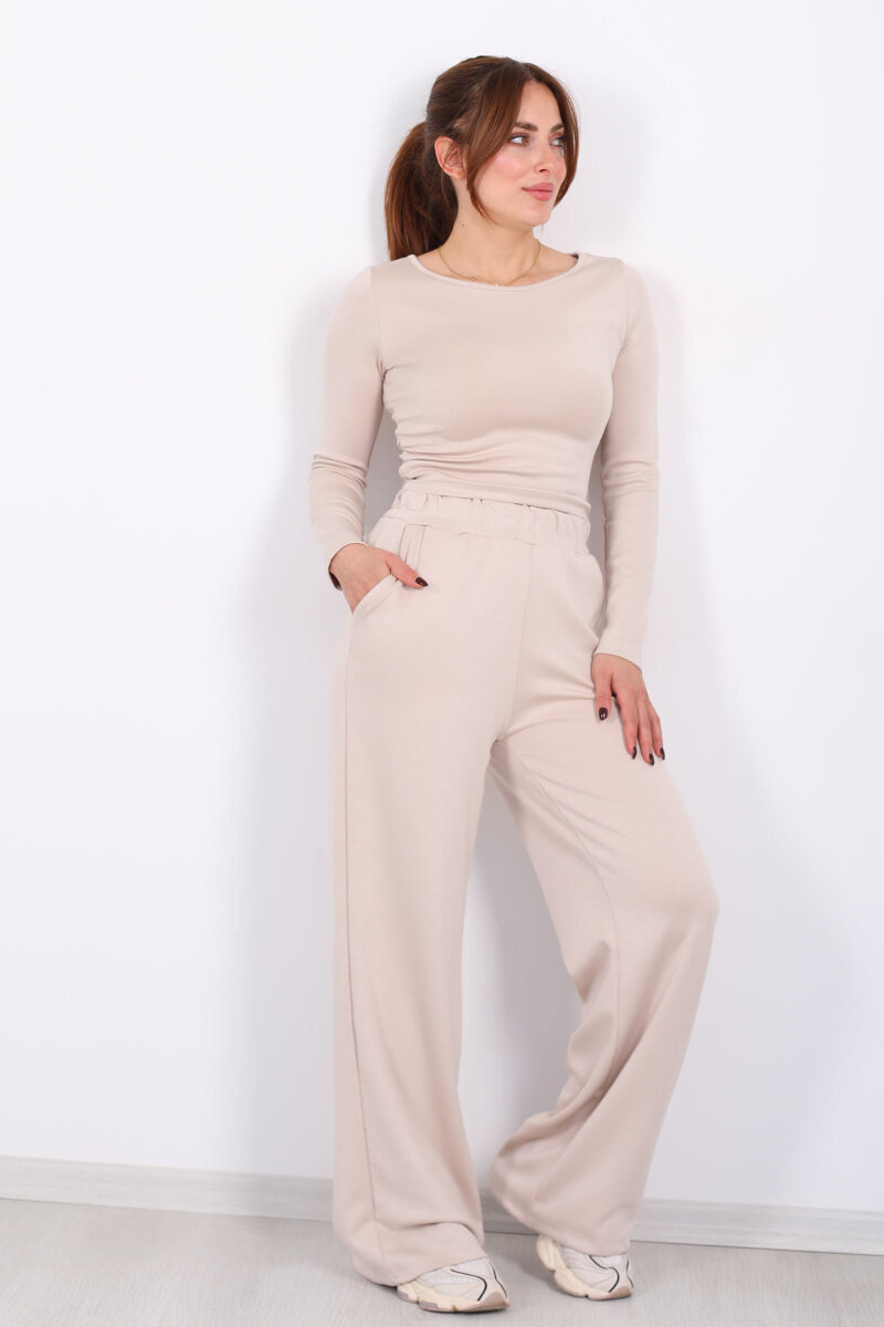 Yanı Büzgülü Modal Krem Kadın Pantolon Takım - 3