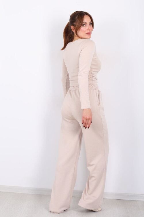 Yanı Büzgülü Modal Krem Kadın Pantolon Takım - 4