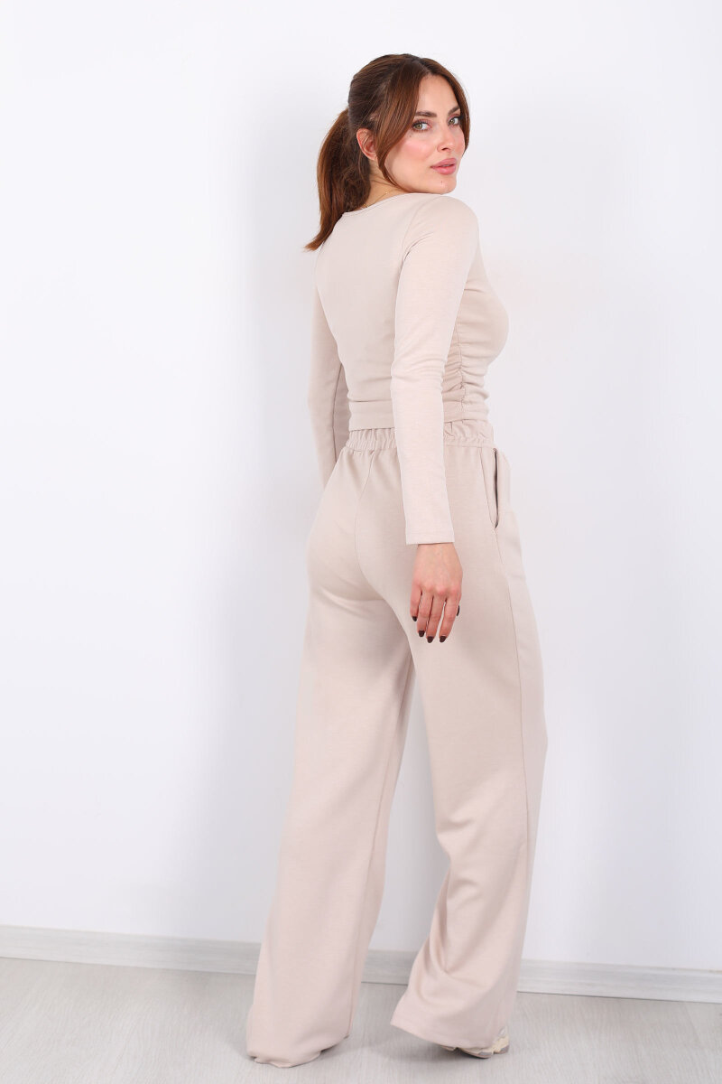 Yanı Büzgülü Modal Krem Kadın Pantolon Takım - 4