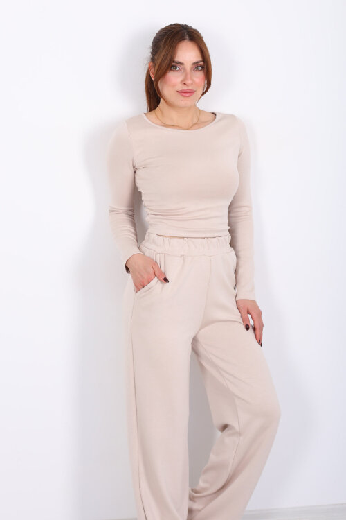 Yanı Büzgülü Modal Krem Kadın Pantolon Takım - 5
