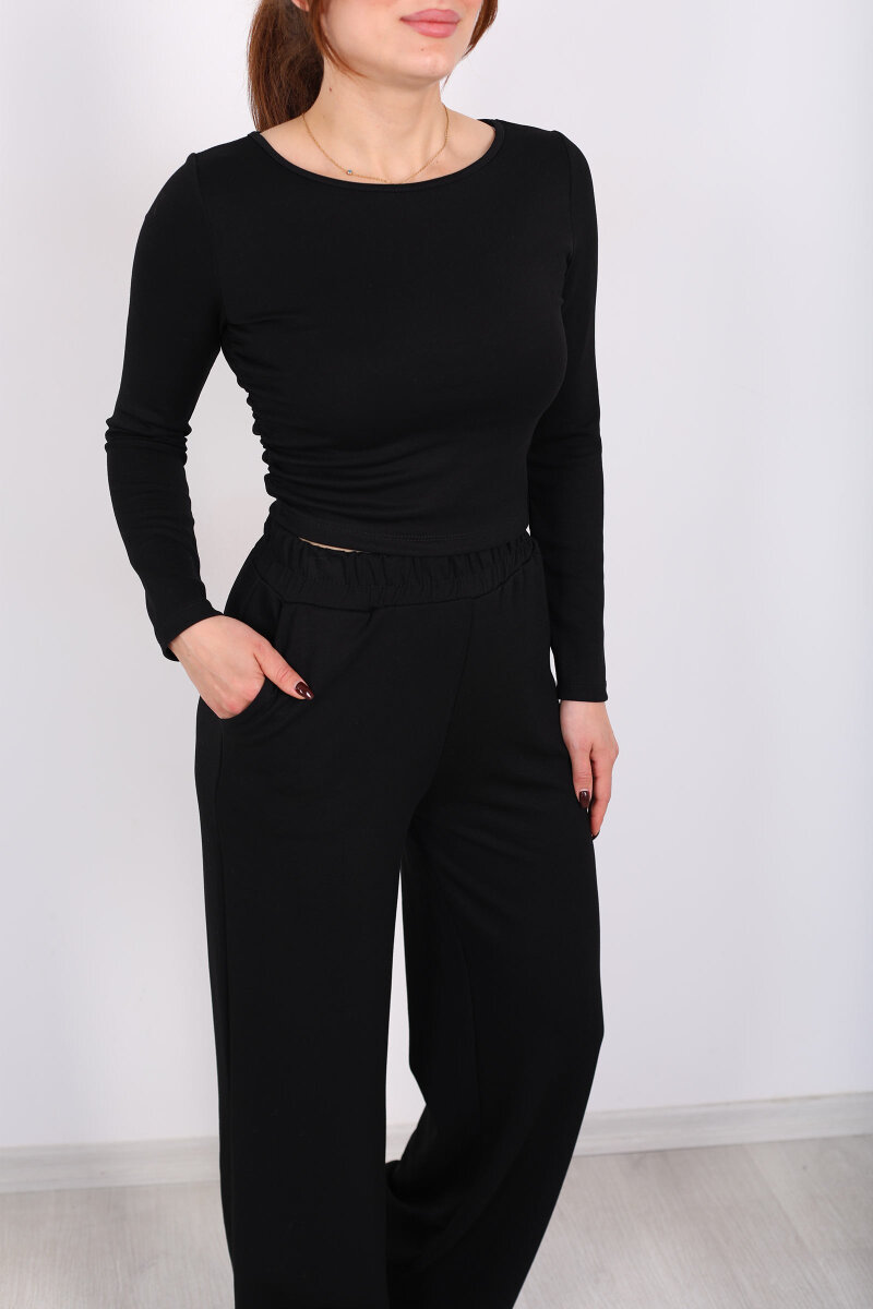 Yanı Büzgülü Modal Siyah Kadın Pantolon Takım - 2