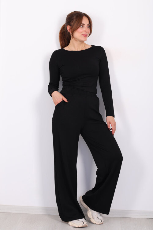 Yanı Büzgülü Modal Siyah Kadın Pantolon Takım - Berox