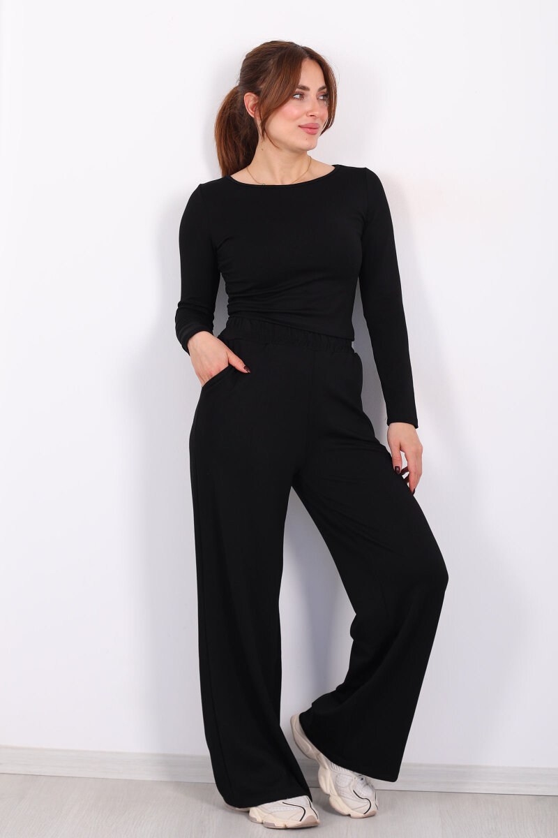 Yanı Büzgülü Modal Siyah Kadın Pantolon Takım - 1
