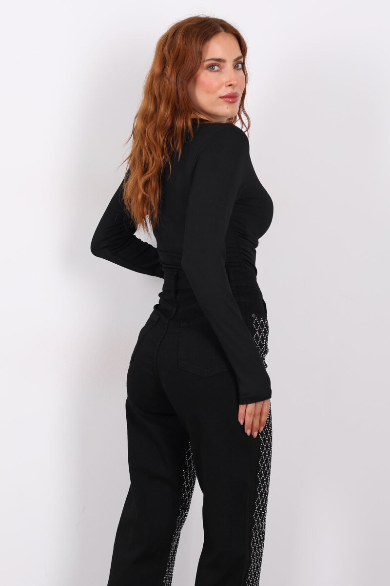 Yanı Büzgülü Siyah Kadın Bluz - 4