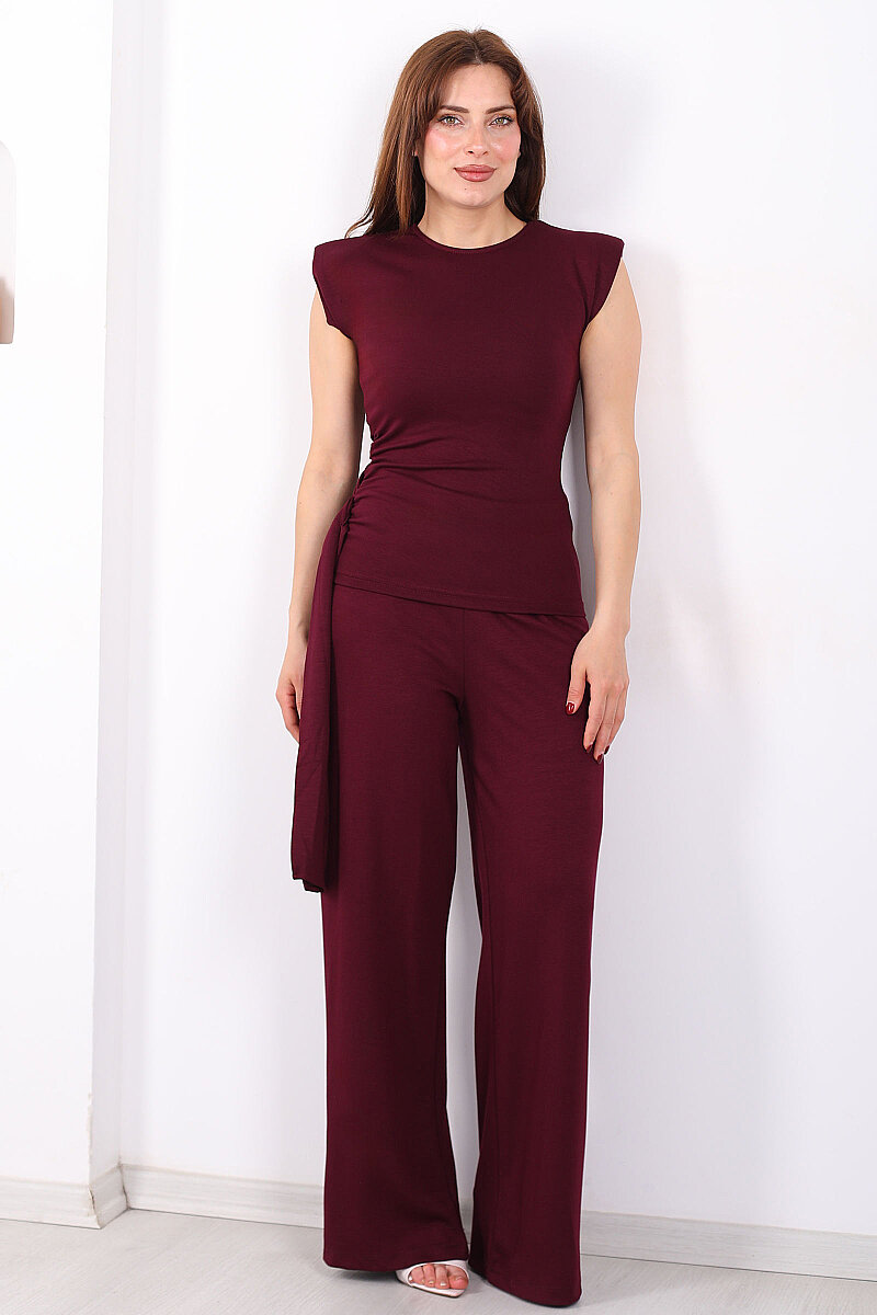 Yanı Drapeli Kuşaklı Kadın Bordo Modal Pantolon Takım - 5