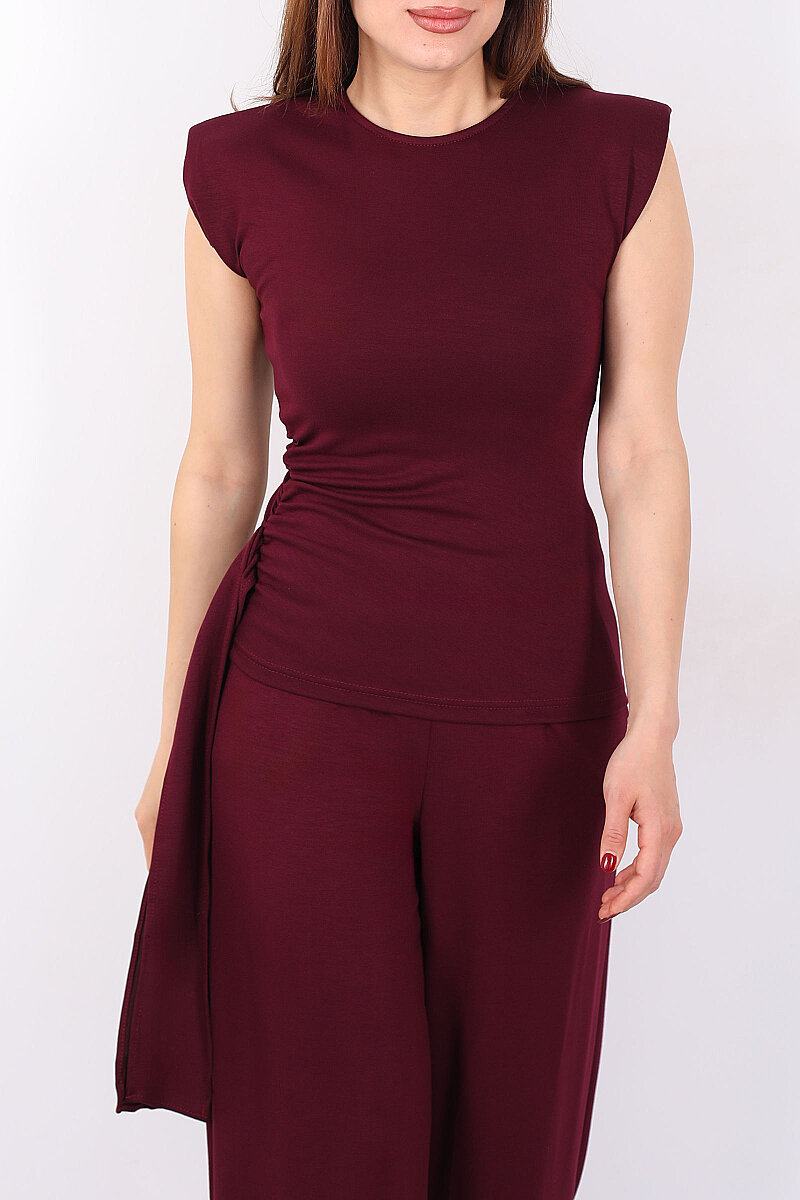 Yanı Drapeli Kuşaklı Kadın Bordo Modal Pantolon Takım - 2
