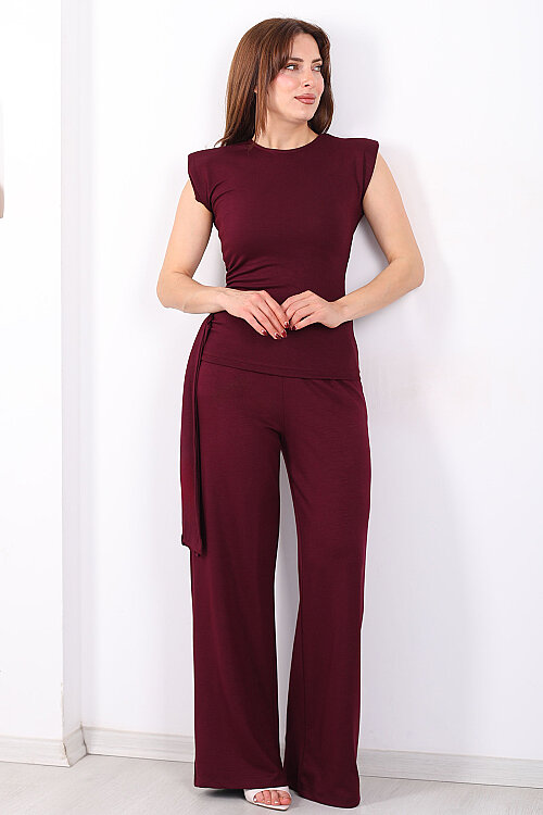 Yanı Drapeli Kuşaklı Kadın Bordo Modal Pantolon Takım - 3