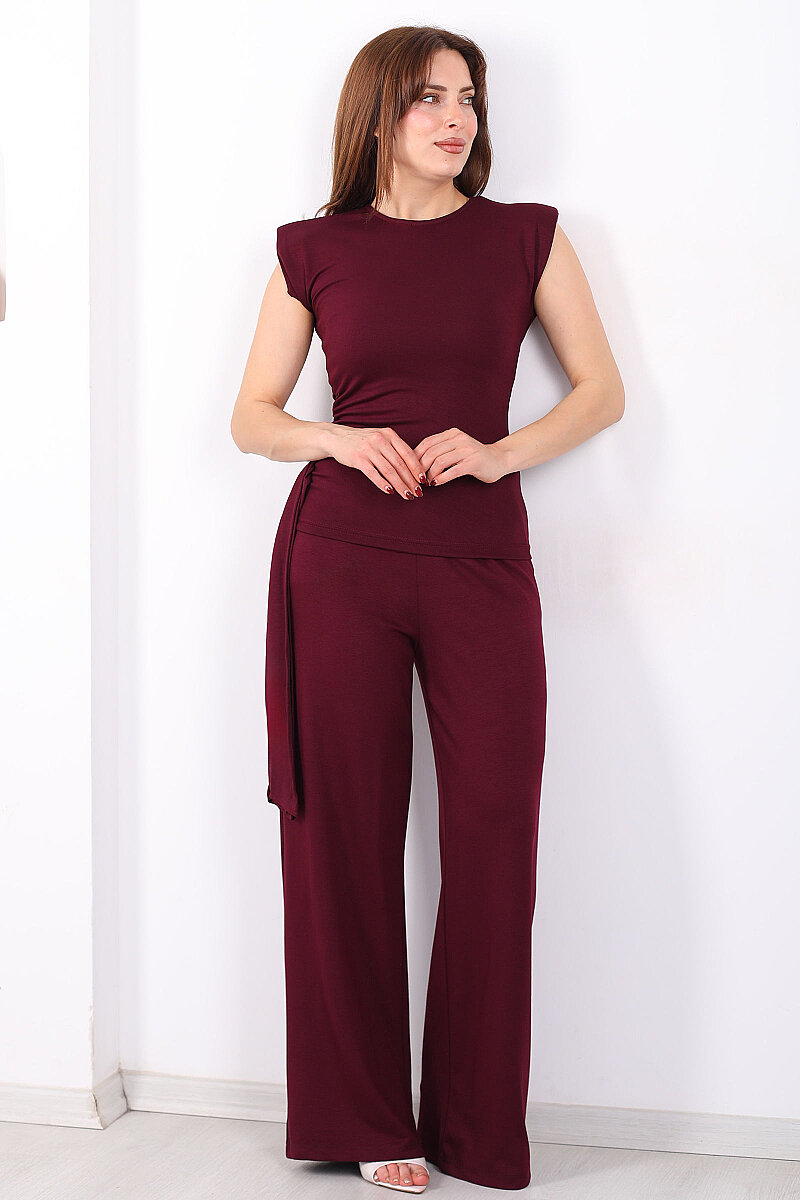 Yanı Drapeli Kuşaklı Kadın Bordo Modal Pantolon Takım - 3
