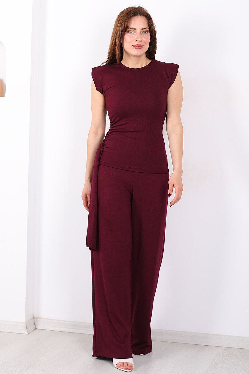 Yanı Drapeli Kuşaklı Kadın Bordo Modal Pantolon Takım - 7
