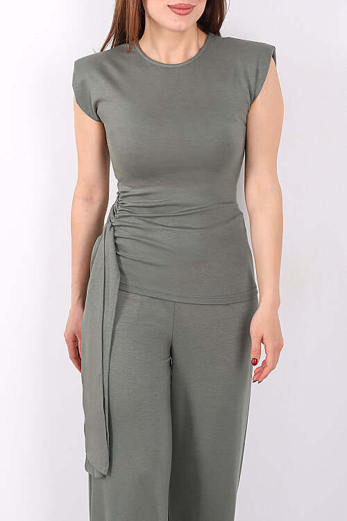 Yanı Drapeli Kuşaklı Kadın Haki Modal Pantolon Takım - Berox (1)