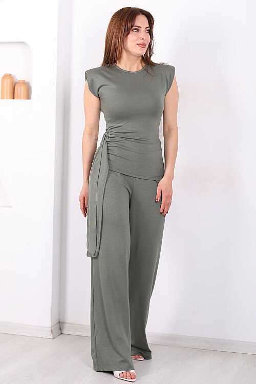 Yanı Drapeli Kuşaklı Kadın Haki Modal Pantolon Takım - 4
