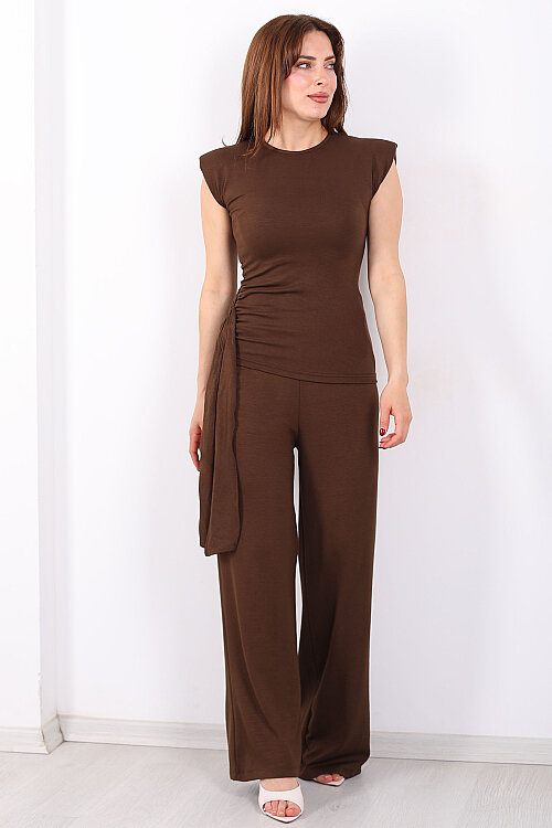 Yanı Drapeli Kuşaklı Kadın Kahverengi Modal Pantolon Takım - 7