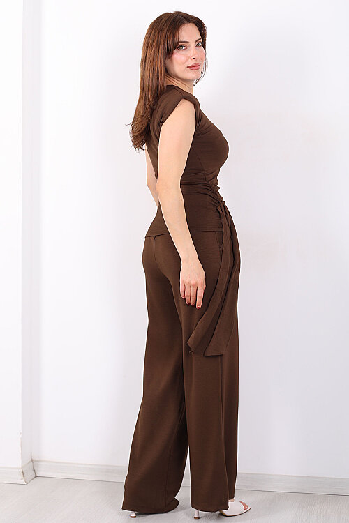 Yanı Drapeli Kuşaklı Kadın Kahverengi Modal Pantolon Takım - 5