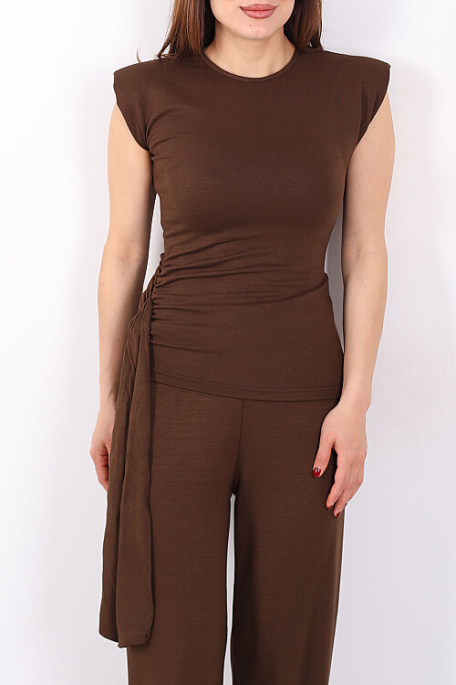 Yanı Drapeli Kuşaklı Kadın Kahverengi Modal Pantolon Takım - Berox (1)