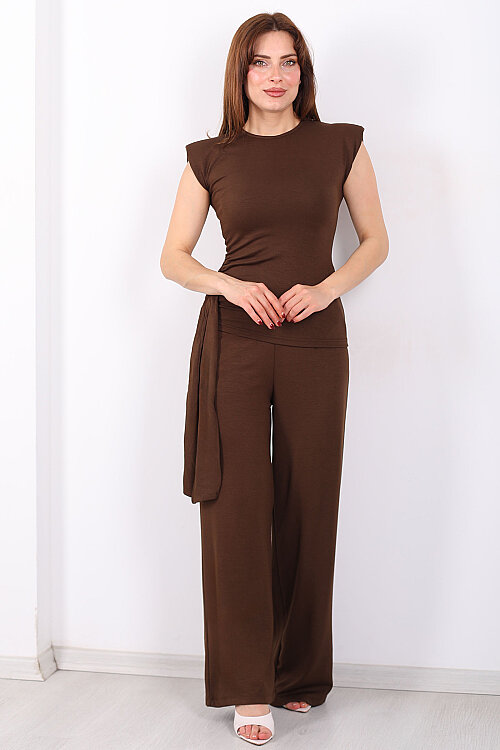 Yanı Drapeli Kuşaklı Kadın Kahverengi Modal Pantolon Takım - 4