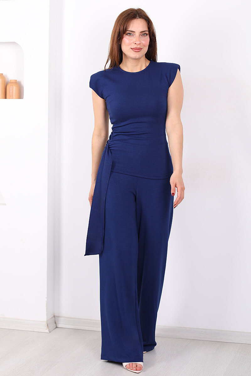 Yanı Drapeli Kuşaklı Kadın Lacivert Modal Pantolon Takım - 4