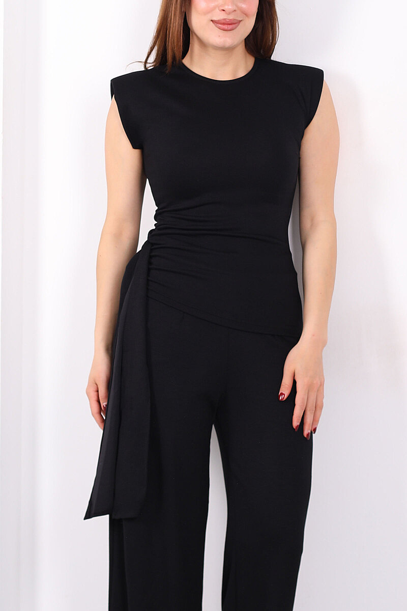 Yanı Drapeli Kuşaklı Kadın Siyah Modal Pantolon Takım - 2