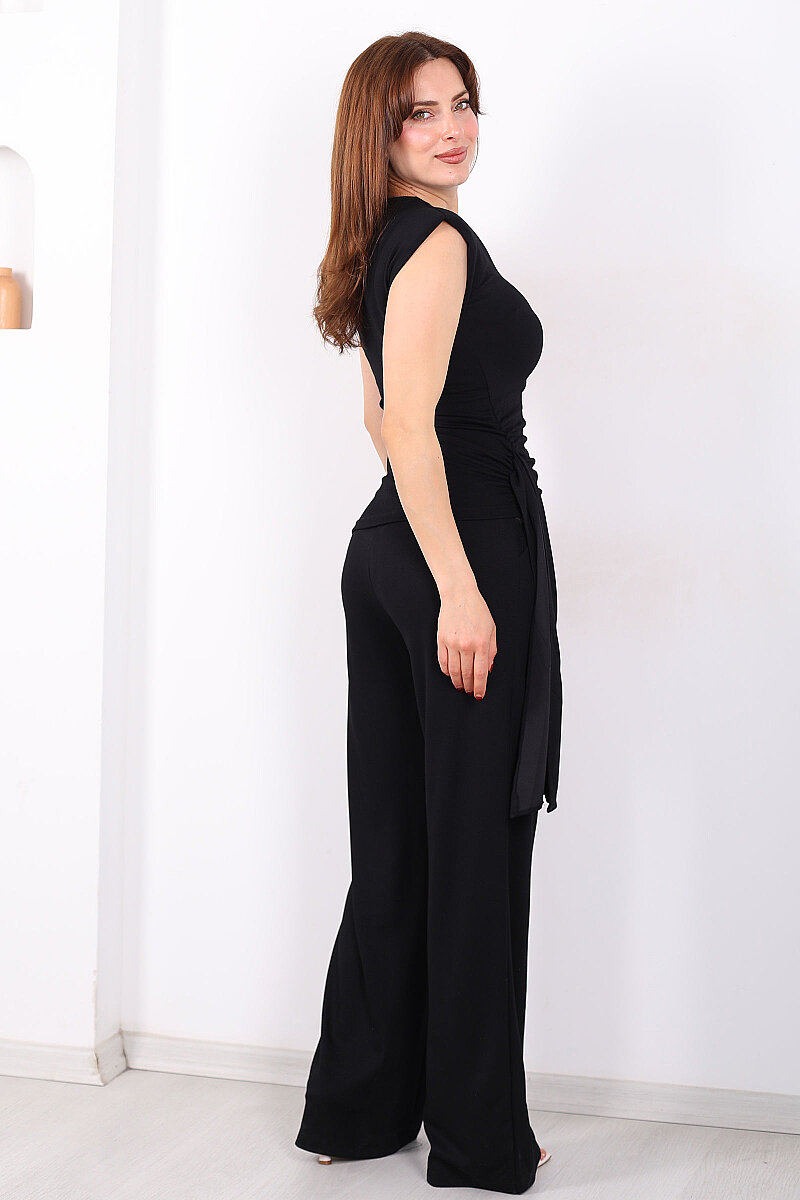 Yanı Drapeli Kuşaklı Kadın Siyah Modal Pantolon Takım - 6